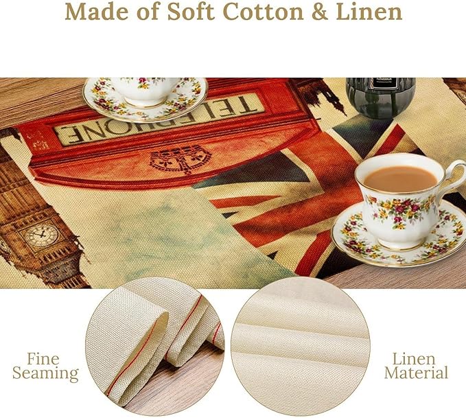 British Table Runner, Seasonal Vintage Buildings England London Culture Element Coffee Table Center Decor for Home Kitchen Dining Patio Holiday Party Table Decorations 13x72 inches