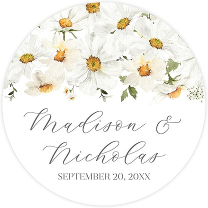Personalized Floral Wedding Stickers with Your Choice of 30 Flower Styles - Choose Font and One of Five Pre-made Phrases or Add Custom Text (028 - Daisies)