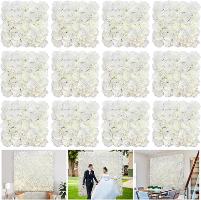 Silk Flower Wall Panels Backdrop 15 * 15inch- 12Pcs Wedding Wall DIY 3D Floral Panels Handmade Fake Flower Screen for Photo Photography Party Event Baby Shower Wall Background Décor-White