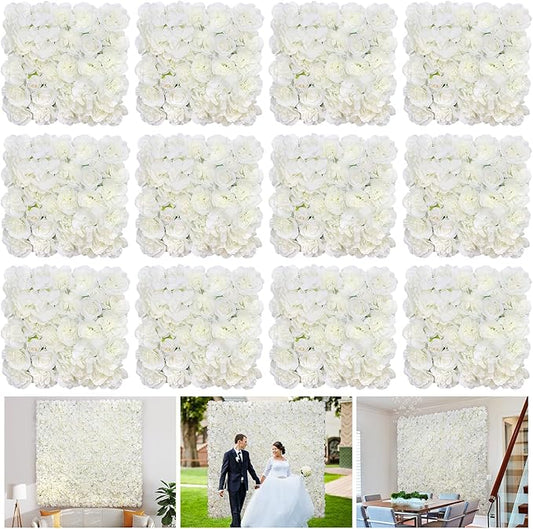 Silk Flower Wall Panels Backdrop 15 * 15inch- 12Pcs Wedding Wall DIY 3D Floral Panels Handmade Fake Flower Screen for Photo Photography Party Event Baby Shower Wall Background Décor-White