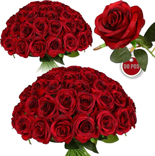 50PCS Artificial Silk Roses in Bulk & Bouquet Long Stem – Realistic Fake Roses for Wedding Centerpieces, Home Decor, Floral Arrangements, Party Decoration (Burgundy)