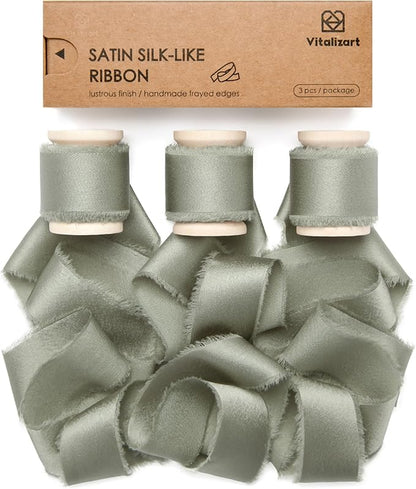 Vitalizart Dusty Sage Green Silk Satin Ribbon 1 Inch x 15 Yard Handmade Frayed Chiffon Ribbon with Wooden Spool for Gift Wrapping, Wedding, Bridal, Flower Bouquets, Home Decor