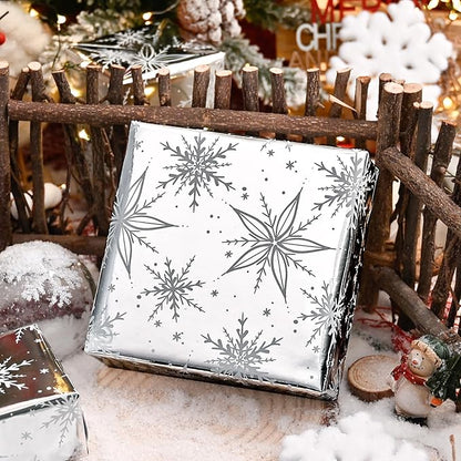 MAYPLUSS Christmas Gift Wrapping Paper Roll - 17 Inch X 33 Feet - Luxurious Metallic Silver Snowflake Elegant Frozen Winter Gift Wrap for Christmas Holiday Scrapbook Paper, Festive Decoration