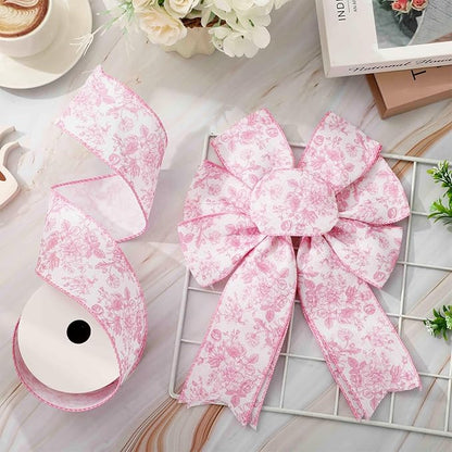 Floral Wired Edge Ribbon Roll Pink Flower Ribbon Chinoiserie Fabric Ribbon for Wreath Bow Making DIY Crafts Gift Wrapping, 12 Yard