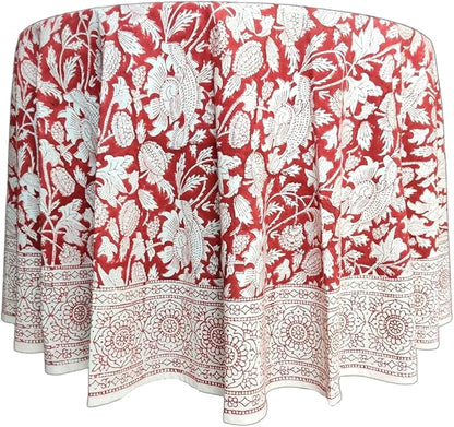 ATOSII Meraki Red 100% Cotton Round Tablecloth, Handblock Print Floral Table Cloth for Kitchen Dining Linen I Parties, Weddings, Outdoors I 90" Inches Round