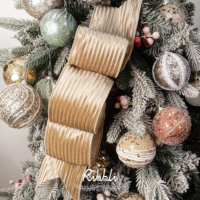 Ribbli Glossy Khaki Velvet Wired Ribbon 4 Inch Striped Velvet Christmas Ribbon for Gift Wrapping Christmas Tree Decoration Crafts Wreaths Supplies-Continuous 10 Yards