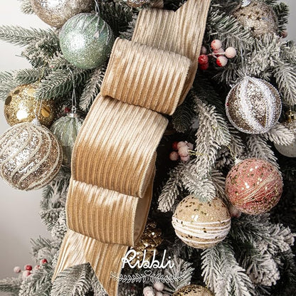 Ribbli Glossy Khaki Velvet Wired Ribbon 4 Inch Striped Velvet Christmas Ribbon for Gift Wrapping Christmas Tree Decoration Crafts Wreaths Supplies-Continuous 10 Yards