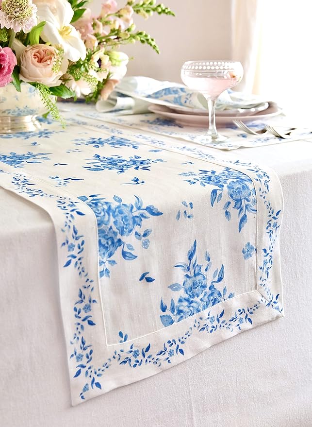 Solino Home Blue Floral Print Table Runner 108 Inches Long - 100% Pure Linen Table Runner 14 x 108 Inch - Handcrafted and Machine Washable - Jolie Fleur Print