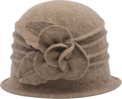 ZLYC Women Wool Cloche Bucket Hat 1920s Vintage Dress Winter Hats with Flower Accent