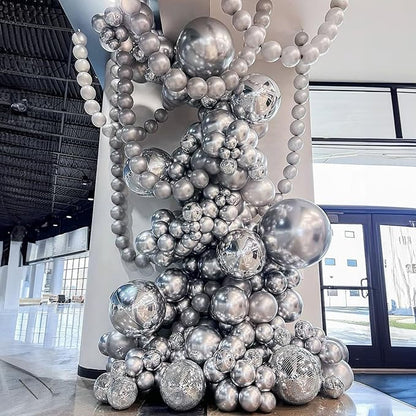 Togvu Metallic Silver Balloons Different Size, 123 Packs Silver Balloons Arch Kit, Pack of 18 12 10 5 Inch Chrome Silver Balloons Garland for Birthday, Graduation, Wedding, Anniversary Decoration