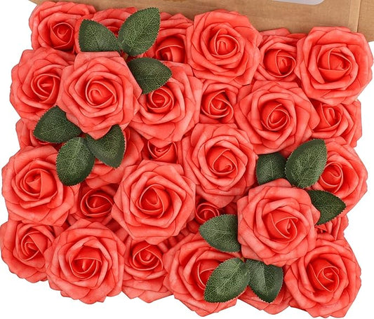 MACTING 30PCS Artificial Rose Flowers Real Touch Flowers with Stem Fake Roses for DIY Wedding Bouquet Table Centerpieces Party Holiday Baby Shower Home Spring Valentines Day Decorations,Coral Red