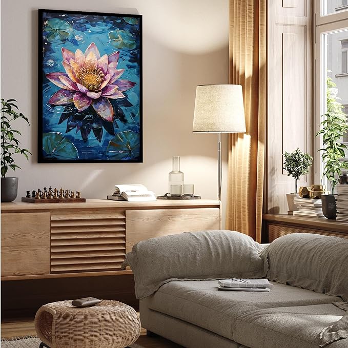 Gorgeous pink and purple water lilies on deep blue water Eye-catching oil painting Serene aquatic wall art for modern home decor 8x12in Metal blackFramed