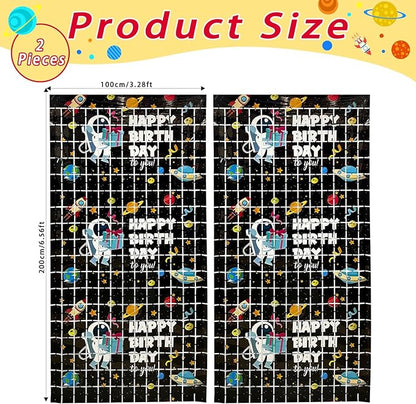 Astronaut Birthday Party Decorations 2 Pack Outer Space Foil Fringe Curtains 3.28 x 6.56Ft Space Tinsel Curtain Backdrop Black Photo Booth Backdrop for Kids Boys Girls Galaxy Birthday Baby Shower