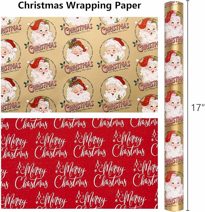MAYPLUSS Christmas Wrapping Paper - 17 Inch X 33 Feet - Santa Claus Reversible Merry Christmas Gift Wrapping Paper, Metallic Foil Thick Gift Wrap Paper for Holiday Party New Year Kids