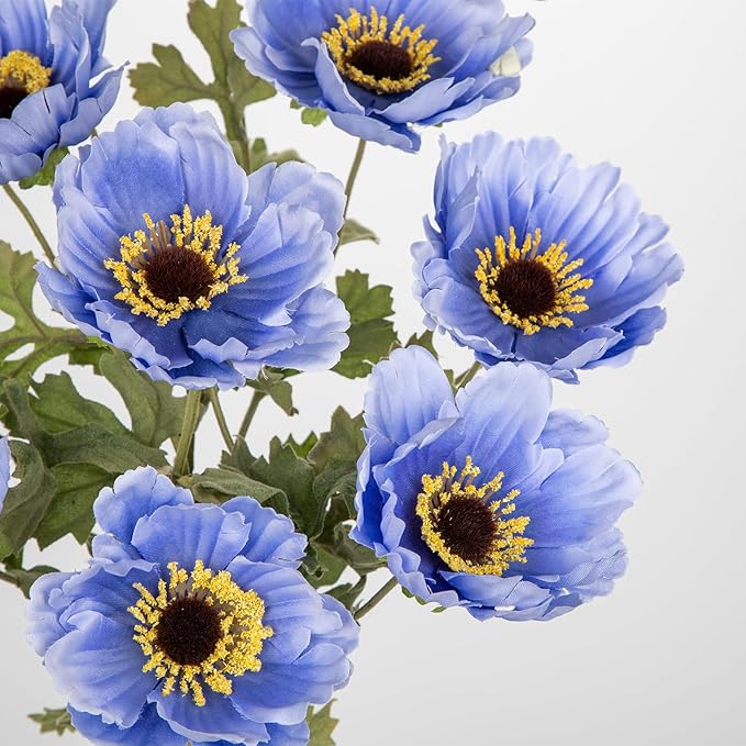 28.3" Blue Artificial Flowers Poppy Flowers 3Pcs Silk Fake Poppy Flowers Real Touch Faux Poppies Spring Flower Long Stem Arrangement with 4 Heads for Party Centerpiece Bouquet Table Home Decoration