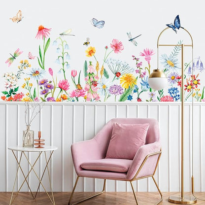 9 Pcs Flowers Wall Decals Peel and Stick, Colorful Wildflower Dragonflies Floral Wall Stickers for Living Room Bedroom Baby Nursery
