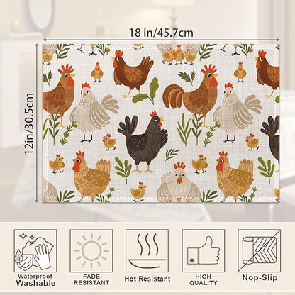 Cute Roosters Chickens Hen Placemats Set of 6, Waterproof Non-Slip Washable Table Mats Set for Kitchen Dining Holiday Party Wedding Decor 12x18 Inch