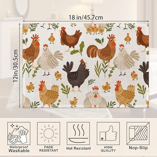 Cute Roosters Chickens Hen Placemats Set of 6, Waterproof Non-Slip Washable Table Mats Set for Kitchen Dining Holiday Party Wedding Decor 12x18 Inch