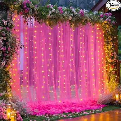 10×10ft Hot Pink Tulle Backdrop Curtain with Lights String for Parties, Sheer Photo Backdrop Curtains for Wedding Party Photography Background