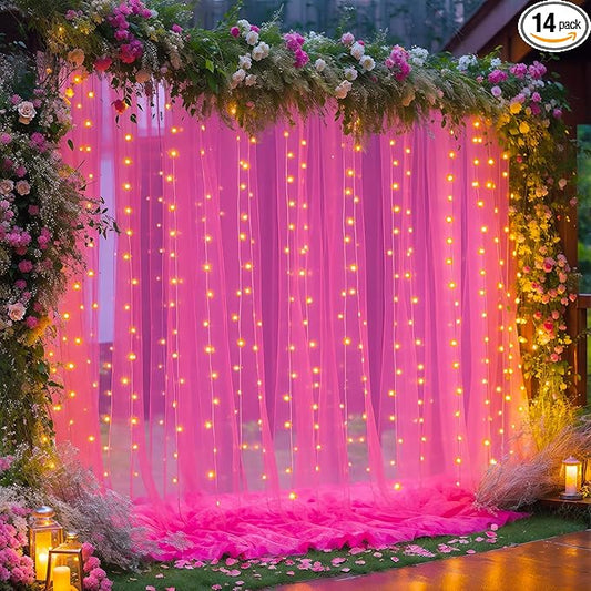 10×10ft Hot Pink Tulle Backdrop Curtain with Lights String for Parties, Sheer Photo Backdrop Curtains for Wedding Party Photography Background