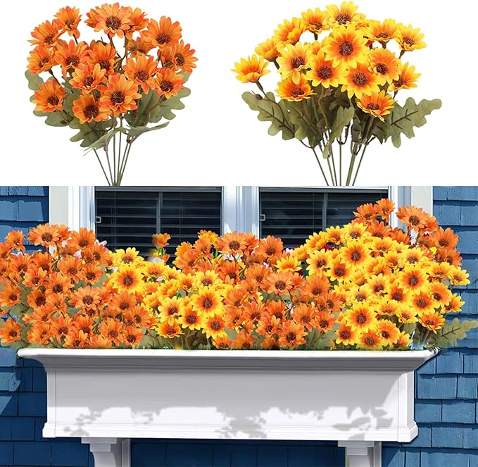Artificial Mums, Artificial Sunset Mums, Artificial Outdoor Sunset Mum-s Flowers - UV Resistant, Waterproof, Windproof, Reflecting Autumn Vibe (Orange - 5 Bundle)