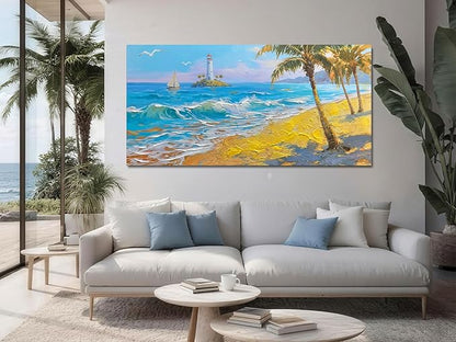 Brushart Beach Canvas Wall Art for Living Room Large, Coastal Bedroom Picture, Painting Wall Decor Ocean Textured Artwork for Walls Home Office 48"x24"