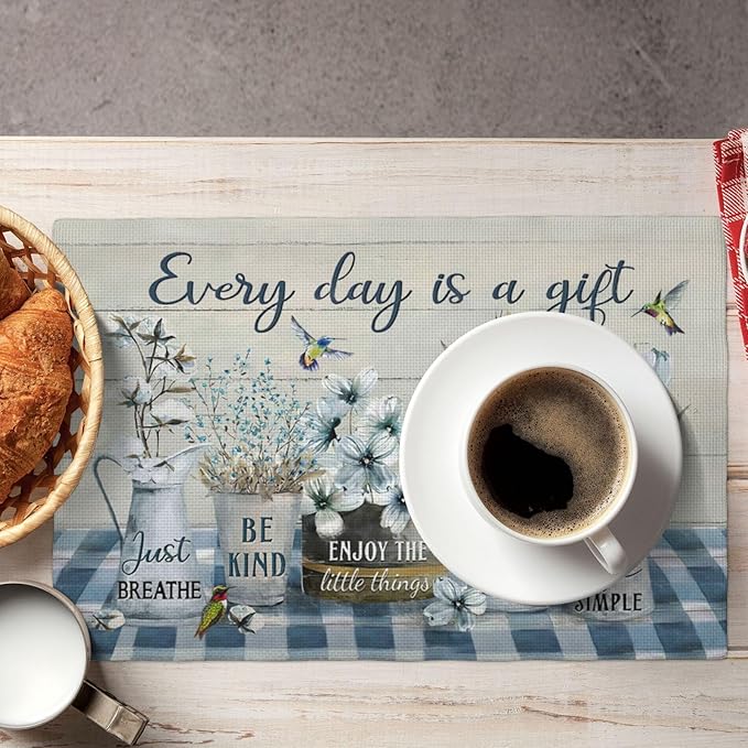 Farmhouse Spring Flower Placemats Set of 6 Every Day is A Gift Rustic Floral Double-Sided Table Mats for Dining Room Home Party Indoor 6 PCS 12x18 Inch