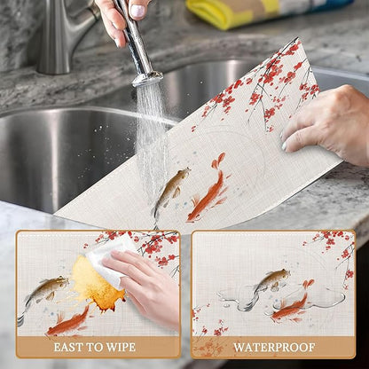 Japanese Cherry Blossom and Fish Placemats Set of 6 Place Mats for Kitchen Table Washable Farmhouse Linen Table Mats Dining Decoration 12x18 Inch