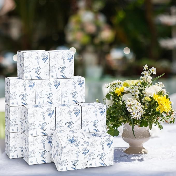TecUnite 50 Pcs 3x3x3'' Blue Floral Paper Gift Candy Boxes Chinoiserie Flower Paper Gift Box Small Blue White Hydrangea Party Packaging Bag for Wedding Birthday Cardstock Shower Party Supply Decor