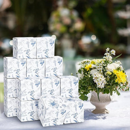 TecUnite 50 Pcs 3x3x3'' Blue Floral Paper Gift Candy Boxes Chinoiserie Flower Paper Gift Box Small Blue White Hydrangea Party Packaging Bag for Wedding Birthday Cardstock Shower Party Supply Decor