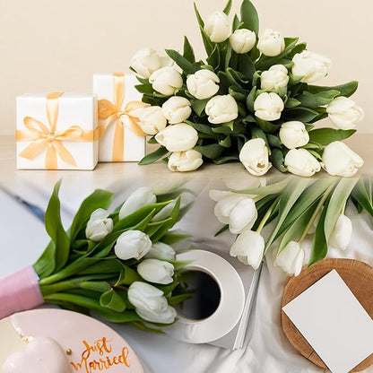 Sggvecsy 15 Pcs Fake Tulips Artificial Flowers Real Touch PU Faux Flowers Tulip Stems for Wedding Spring Bouquet Floral Arrangement Home Party Office Decorations for Mother's Day (Green White)