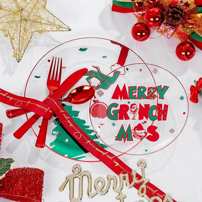 DaYammi 210Pcs Clear Green Monster Plastic Plates Disposable Christmas Dinnerware Set Include 30 Dinner Plates,30 Dessert Platos,30 Forks,30 Knives,30 Spoons,30 Cups,30 Napkins for Christmas Party
