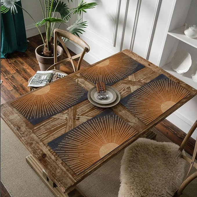 Boho Placemats Set of 4, Abstract Boho Golden Sun Sunshine Placemats, Boho Mid Century Modern Table Mats Place Mats for Kitchen Dining Table Decoration 16.9x11.4 Inch