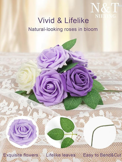 N&T NIETING Artificial Flowers 50Pcs Fake Foam Rose Purple Flowers with Stems Lavender for DIY Wedding Bridesmaid Bridal Bouquets Centerpieces Party Home Decoration(Series Purple)