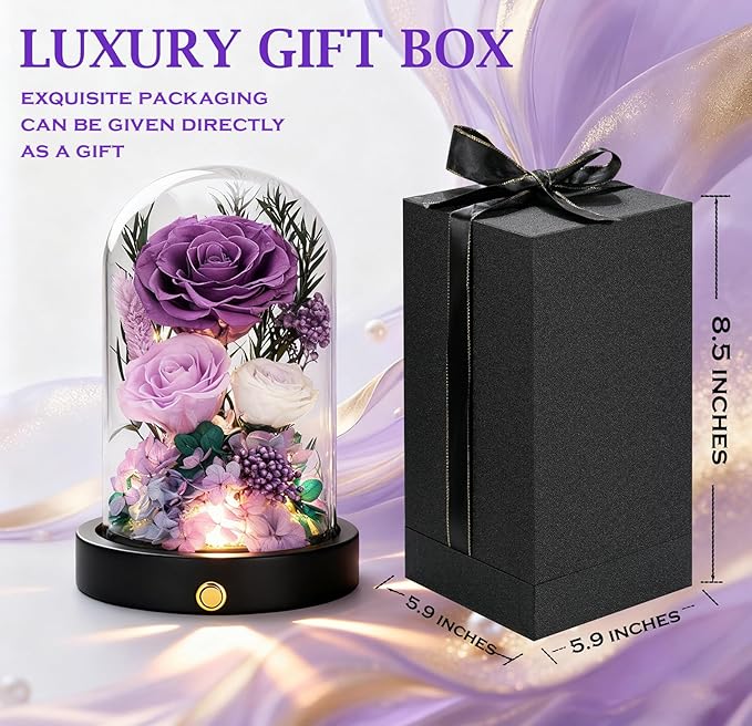 Forever Flowers for Delivery, Purple Preserved Flowers in Glass Dome,Eternal Rose That Last 1-3 Years Valentines Day Christmas Anniversary Birthday Gifts for Women Mom Wife Girlfriend Her