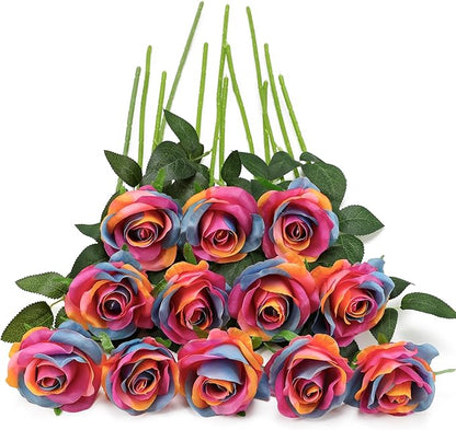 Rainbow Fake Roses Artificial Flowers - 10 Pcs Fake Artificial Roses Silk Flowers with Stems for Home Wedding Hotel Office Centerpiece Decor（Rainbow）