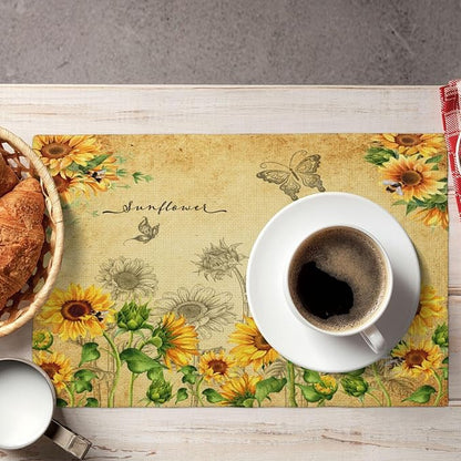 Sunflower Placemats, Rural Vintage Old Watercolour Sunflower Butterfly Flower Bee Print Washable Fabric Placemats Table Kitchen Dining Party 12x18 Inch Set of 6