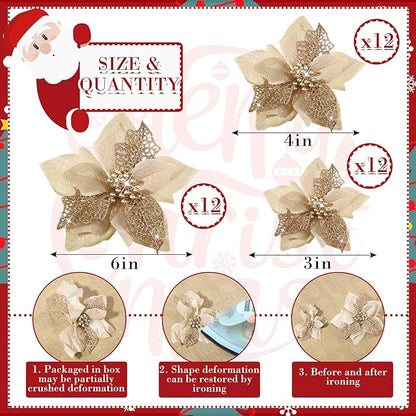 WILLBOND 36 Pieces Christmas Poinsettia Glitter Faux Flowers Christmas Artificial Flowers Tree Ornaments Topper Xmas Decorations(Champagne)