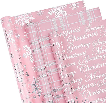 WRAPAHOLIC Christmas Wrapping Paper Roll - Mini Roll - 3 Rolls - 17 Inch X 120 Inch Per Roll - Pink with Silver Metallic Foil Snowflake, Plaid, Merry Christmas Lettering