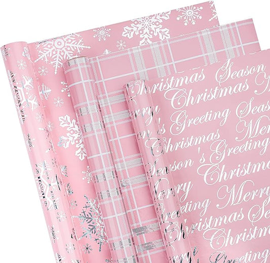 WRAPAHOLIC Christmas Wrapping Paper Roll - Mini Roll - 3 Rolls - 17 Inch X 120 Inch Per Roll - Pink with Silver Metallic Foil Snowflake, Plaid, Merry Christmas Lettering