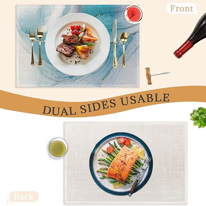 Teal Blue Placemats Set of 6,Washable Heat Resistant 12×18 Inch Linen Table Mats Marble Texture Place Mats for Party Outdoor Dining Décor