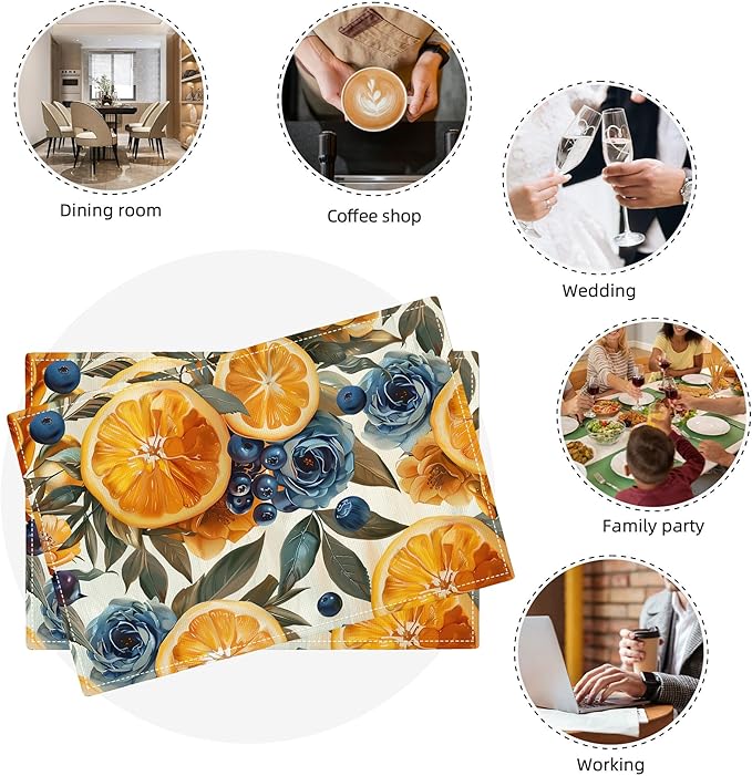 Orange Placemats Set of 4 Fruit Blueberry Rose Leaf Table Mats Washable Place Mats for Home Party Indoor Kitchen Dining Table Decoration 12x18 Inch