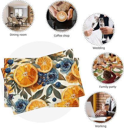 Orange Placemats Set of 4 Fruit Blueberry Rose Leaf Table Mats Washable Place Mats for Home Party Indoor Kitchen Dining Table Decoration 12x18 Inch