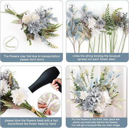 Fake Artificial Flowers Bouquet for Decoration, Silk Floral Arrangements Faux Flowers Plant Wedding Bride Bouquets Tables Centerpieces for Rustic Home Decor Indoor Vase Floral Table Decor (Blue White)