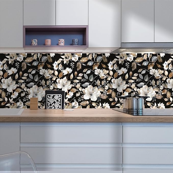 Vintage Dark Black Floral Peel and Stick Wallpaper Modern Botanical Flower Waterproof Removable Self Adhesive Vinyl Contact Wall Paper for Farmhouse Bathroom 17.7" X 70.8" Roll