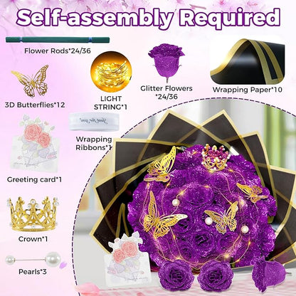 Purple Glitter Roses Bouquet, 24 Pcs Shiny Glitter Flowers Bouquet, Everlasting DIY Artificial Roses Bouquet for Christmas, Birthday, Anniversary, Wedding, Engagement,Mothers Day,Gifts