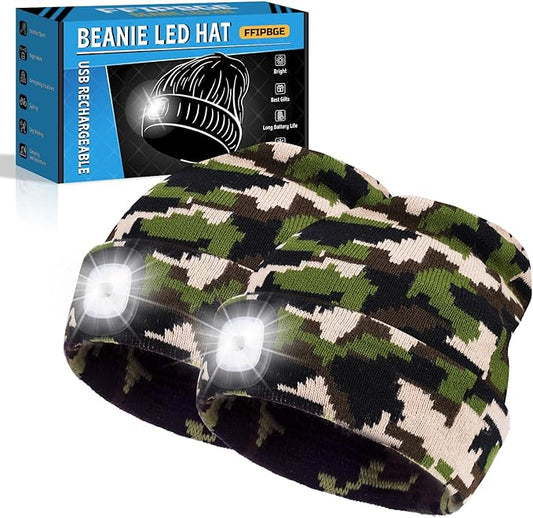 Christmas Stocking Stuffers for Men Adults, Beanie Hats with Light, USB Rechargeable LED Hand Free Headlamp, Birthday Gifts for Men, Women, and Teens, Ideal for Camping, Hiking, 2 Pack, Camouflage