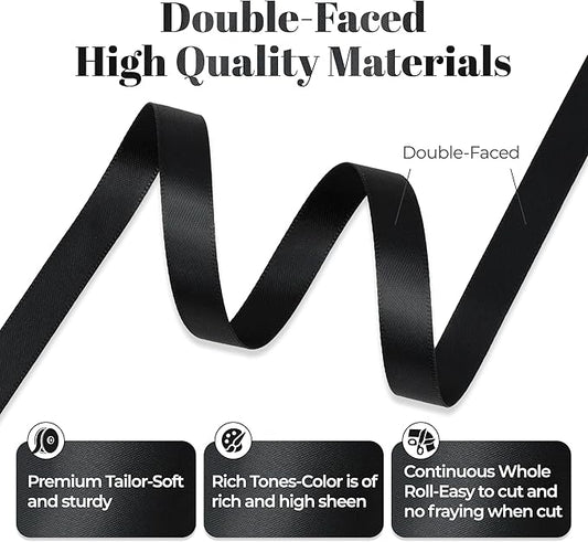 Double Faced Black Satin Ribbon, 3/8 Inch X 25 Yards Polyester Ribbon for Gift Package Wrapping, Crafts, Bow Making, Sewing, Flower Bouquet, Wedding Party Decor