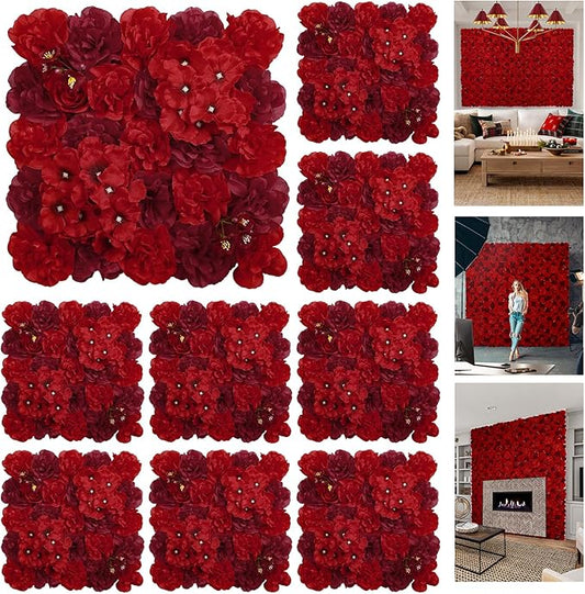 Flower Wall Backdrop 9pcs 16.5x16.5 Inch Flower Wall Decor Artificial Floral Wall Panel Ideal for Wedding Celebrations, Festive Party Birthday Backdrops and Elegant Home Decor