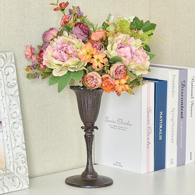Sungmor Cast Iron Tabletop Flower Vase, Vintage Pretty Tulip Design, 8.6" Tall Decorative Centerpieces Flower Stand, Artificial Flower Arrangements Home Decor for Ceremony Birthday Holiday Event Party